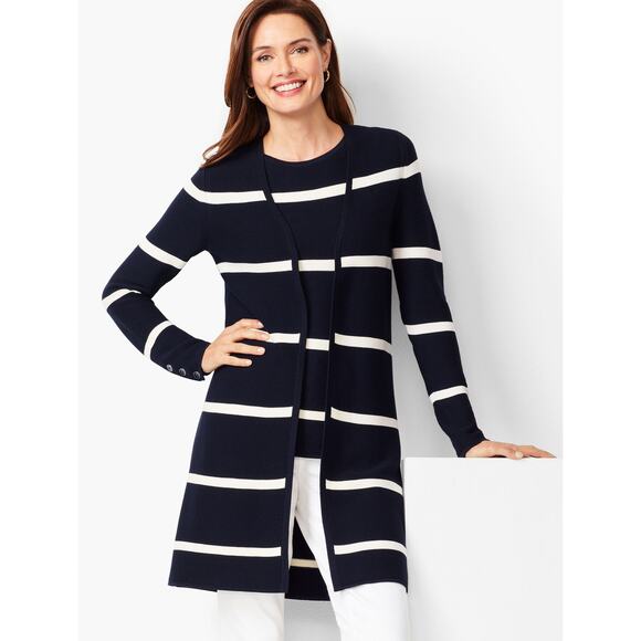 NWOT Talbots Modern Ottoman Cardigan Long Sleeve Open Front Navy Cream Stripe 2X - Picture 1 of 13